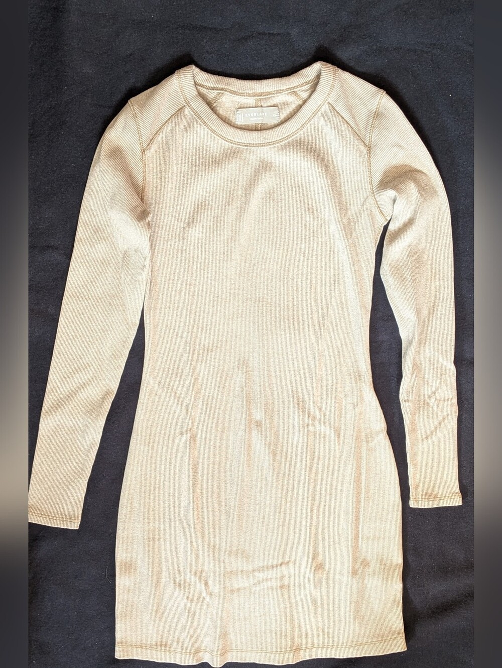 New Everlane Beige The Ribbed Mini Dress 2022 Cotton Long Sleeve Stretch XS